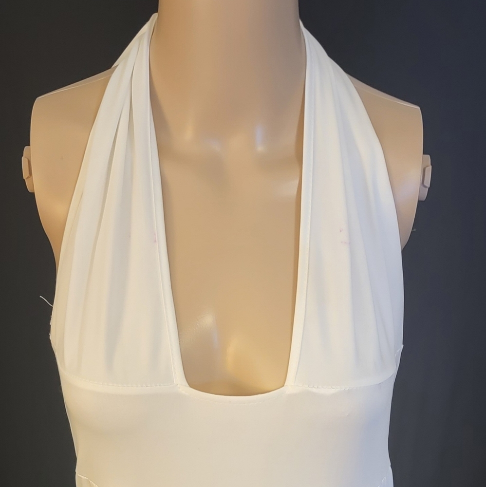 White halter style dress with sheer skirt